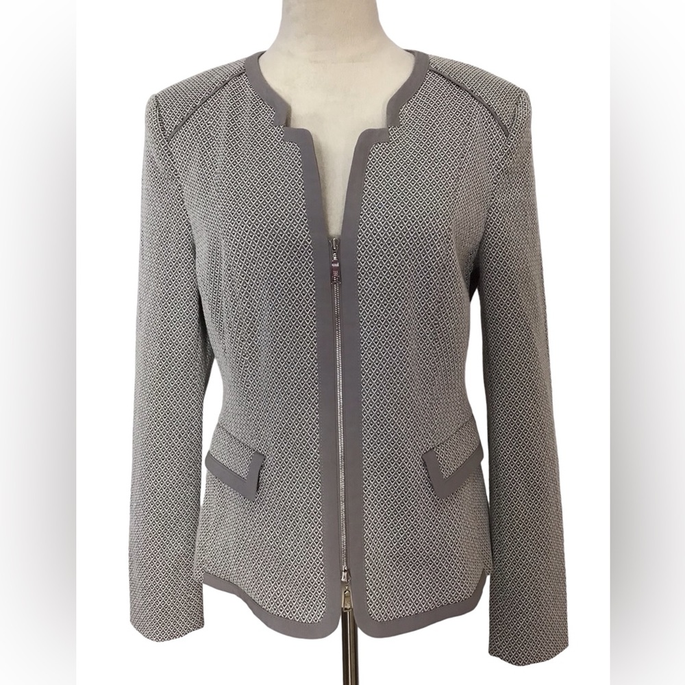 Basler Gray Metallic Textured Full Zippered Stretch Blazer Jacket Size 38